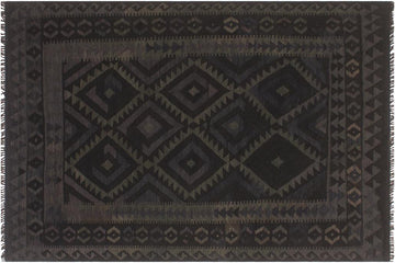 Flat Weave Kilim, Antique, Navaho, Vintage, Handmade, Geometric Kilim Black Blue Hand-Woven Rectangle 100% Wool Area Rug 5 x 6